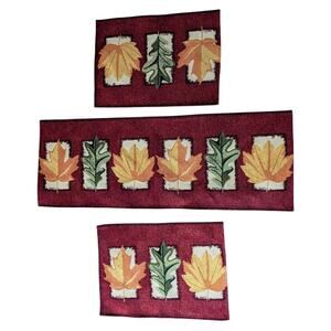 Fall Leaves Thanksgiving Table Runner 2 Placemats Upholstery Maroon Gold Green